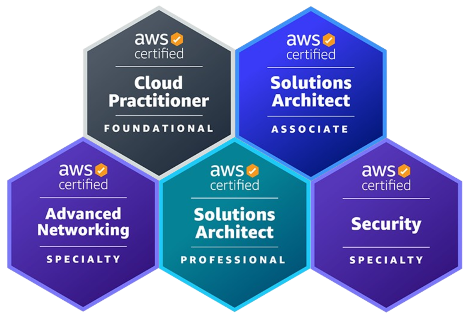 Certificaciones AWS: Cloud Practitioner, Solutions Architect Associate, Solutions Architect Professional, Security Specialty y Advanced Networking Specialty